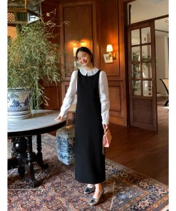 Elegant Black Sleeveless Tank Dress for Women - Long Round Neck Autumn Fashion, High-End Little Black Dress