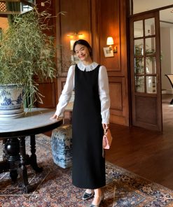 Elegant Black Sleeveless Tank Dress for Women - Long Round Neck Autumn Fashion, High-End Little Black Dress