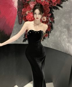 Elegant Black Strapless Evening Dress in French Hepburn Style for Women - 2025 Cocktail Dress for Year-End Parties