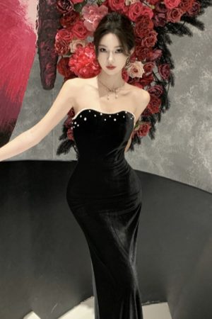 Elegant Black Strapless Evening Dress in French Hepburn Style for Women - 2025 Cocktail Dress for Year-End Parties