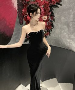 Elegant Black Strapless Evening Dress in French Hepburn Style for Women - 2025 Cocktail Dress for Year-End Parties