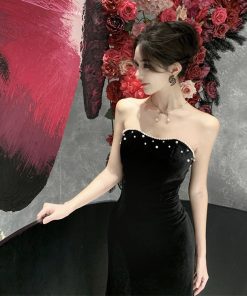 Elegant Black Strapless Evening Dress in French Hepburn Style for Women - 2025 Cocktail Dress for Year-End Parties