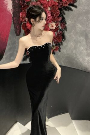 Elegant Black Strapless Evening Dress in French Hepburn Style for Women - 2025 Cocktail Dress for Year-End Parties