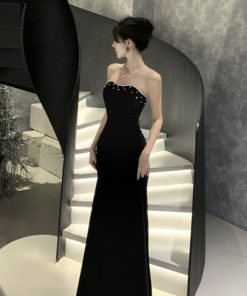 Elegant Black Strapless Evening Dress in French Hepburn Style for Women - 2025 Cocktail Dress for Year-End Parties