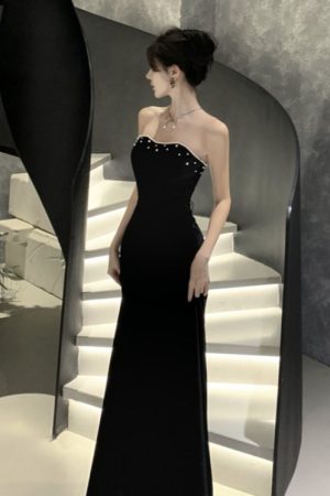 Elegant Black Strapless Evening Dress in French Hepburn Style for Women - 2025 Cocktail Dress for Year-End Parties