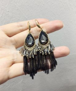 Elegant Black Water Drop Crystal Tassel Long Earrings for Evening Wear - Chic Statement Jewelry for Special Occasions