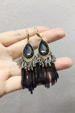 Elegant Black Water Drop Crystal Tassel Long Earrings for Evening Wear - Chic Statement Jewelry for Special Occasions