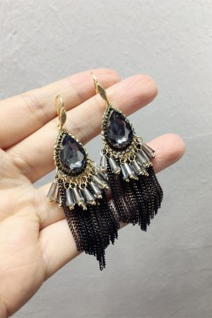 Elegant Black Water Drop Crystal Tassel Long Earrings for Evening Wear - Chic Statement Jewelry for Special Occasions