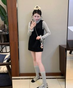 Elegant Black Woolen Vest Dress for Women with Half-High Collar and Lace Knitted Detail - Winter Fashion Essential