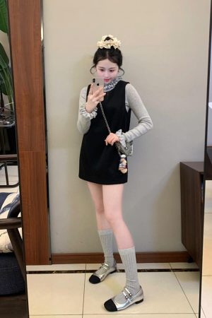 Elegant Black Woolen Vest Dress for Women with Half-High Collar and Lace Knitted Detail - Winter Fashion Essential