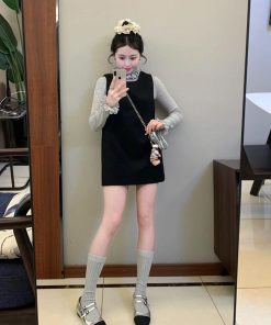 Elegant Black Woolen Vest Dress for Women with Half-High Collar and Lace Knitted Detail - Winter Fashion Essential