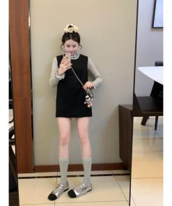 Elegant Black Woolen Vest Dress for Women with Half-High Collar and Lace Knitted Detail - Winter Fashion Essential