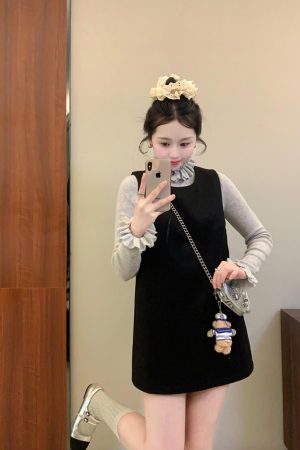 Elegant Black Woolen Vest Dress for Women with Half-High Collar and Lace Knitted Detail - Winter Fashion Essential