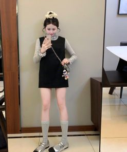 Elegant Black Woolen Vest Dress for Women with Half-High Collar and Lace Knitted Detail - Winter Fashion Essential