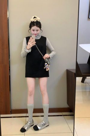 Elegant Black Woolen Vest Dress for Women with Half-High Collar and Lace Knitted Detail - Winter Fashion Essential