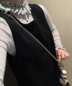 Elegant Black Woolen Vest Dress for Women with Half-High Collar and Lace Knitted Detail - Winter Fashion Essential