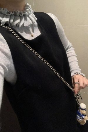 Elegant Black Woolen Vest Dress for Women with Half-High Collar and Lace Knitted Detail - Winter Fashion Essential