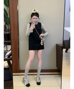 Elegant Black Woolen Vest Dress for Women with Half-High Collar and Lace Knitted Detail - Winter Fashion Essential