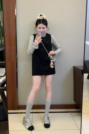 Elegant Black Woolen Vest Dress for Women with Half-High Collar and Lace Knitted Detail - Winter Fashion Essential