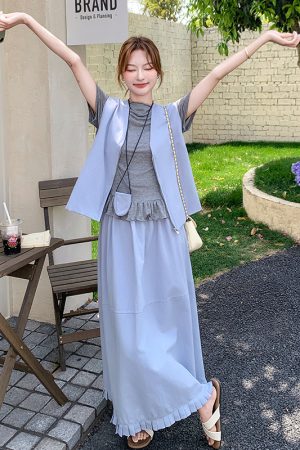Elegant Blue Vest and Half Skirt Three-Piece Set for Summer OOTD - Sophisticated Casual Outfit