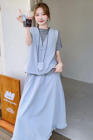 Elegant Blue Vest and Half Skirt Three-Piece Set for Summer OOTD - Sophisticated Casual Outfit