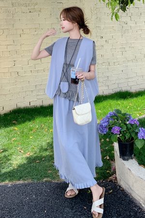 Elegant Blue Vest and Half Skirt Three-Piece Set for Summer OOTD - Sophisticated Casual Outfit
