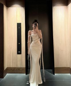 Elegant Bodycon Mermaid Dress with Pearl Chain and Flowing Ribbon, Inspired by Chen Duling's Style, Perfect for Formal Events and Y2K Fashion