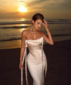 Elegant Bodycon Mermaid Dress with Pearl Chain and Flowing Ribbon, Inspired by Chen Duling's Style, Perfect for Formal Events and Y2K Fashion