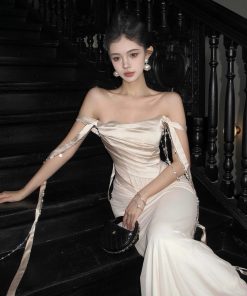Elegant Bodycon Mermaid Dress with Pearl Chain and Flowing Ribbon, Inspired by Chen Duling's Style, Perfect for Formal Events and Y2K Fashion