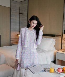 Elegant Chanel-Style Knitted Cardigan Vest Dress Two-Piece Set for Women - Waist-Cinching, Heavy-Duty Fashion, Perfect for Y2K and 90s Styles