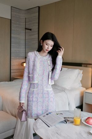 Elegant Chanel-Style Knitted Cardigan Vest Dress Two-Piece Set for Women - Waist-Cinching, Heavy-Duty Fashion, Perfect for Y2K and 90s Styles