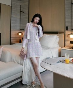 Elegant Chanel-Style Knitted Cardigan Vest Dress Two-Piece Set for Women - Waist-Cinching, Heavy-Duty Fashion, Perfect for Y2K and 90s Styles