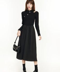 Elegant Chinese-Style Black Long Sleeve Dress for Women - Spring 2025, Waist-Cinching Slimming Design, High-End Quality