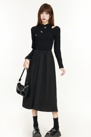 Elegant Chinese-Style Black Long Sleeve Dress for Women - Spring 2025, Waist-Cinching Slimming Design, High-End Quality