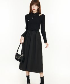Elegant Chinese-Style Black Long Sleeve Dress for Women - Spring 2025, Waist-Cinching Slimming Design, High-End Quality