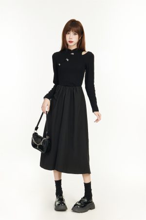 Elegant Chinese-Style Black Long Sleeve Dress for Women - Spring 2025, Waist-Cinching Slimming Design, High-End Quality