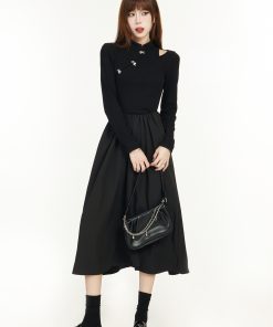Elegant Chinese-Style Black Long Sleeve Dress for Women - Spring 2025, Waist-Cinching Slimming Design, High-End Quality