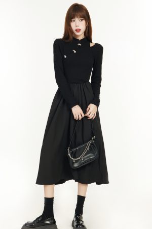 Elegant Chinese-Style Black Long Sleeve Dress for Women - Spring 2025, Waist-Cinching Slimming Design, High-End Quality