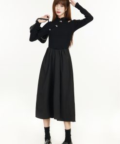 Elegant Chinese-Style Black Long Sleeve Dress for Women - Spring 2025, Waist-Cinching Slimming Design, High-End Quality