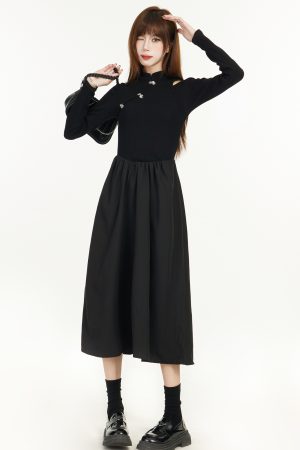 Elegant Chinese-Style Black Long Sleeve Dress for Women - Spring 2025, Waist-Cinching Slimming Design, High-End Quality