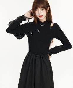 Elegant Chinese-Style Black Long Sleeve Dress for Women - Spring 2025, Waist-Cinching Slimming Design, High-End Quality