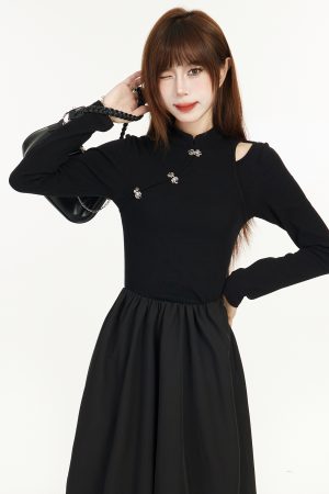 Elegant Chinese-Style Black Long Sleeve Dress for Women - Spring 2025, Waist-Cinching Slimming Design, High-End Quality