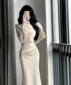 Elegant Chinese-Style Cheongsam Dress for Women, Waist-Cinching Fishtail Long Skirt, High-Quality National Style for Spring and Autumn