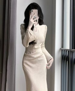 Elegant Chinese-Style Cheongsam Dress for Women, Waist-Cinching Fishtail Long Skirt, High-Quality National Style for Spring and Autumn