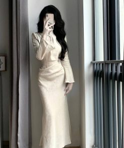 Elegant Chinese-Style Cheongsam Dress for Women, Waist-Cinching Fishtail Long Skirt, High-Quality National Style for Spring and Autumn