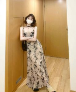 Elegant Chinese-Style Ink Wash Butterfly Print Camisole Dress for Women - High-End Summer 2025 Long Dress