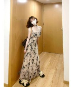 Elegant Chinese-Style Ink Wash Butterfly Print Camisole Dress for Women - High-End Summer 2025 Long Dress