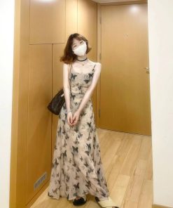 Elegant Chinese-Style Ink Wash Butterfly Print Camisole Dress for Women - High-End Summer 2025 Long Dress