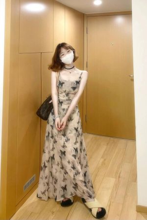 Elegant Chinese-Style Ink Wash Butterfly Print Camisole Dress for Women - High-End Summer 2025 Long Dress