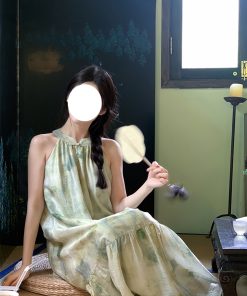 Elegant Chinese-Style Sleeveless Long Dress for Women in Tencel - Printed Summer Vacation Dress, Gentle Aesthetic, Perfect for Warm Weather